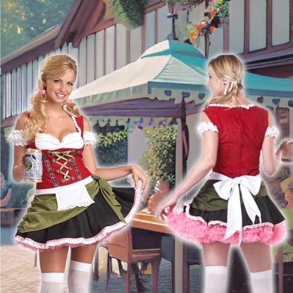 German Oktoberfest Cosplay Bavarian Print Strap Dress Maid Uniform
